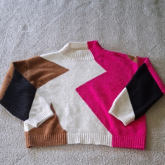 Lush Vibrant Pink and Brown Colorblock Sweater - Picture 1 of 6